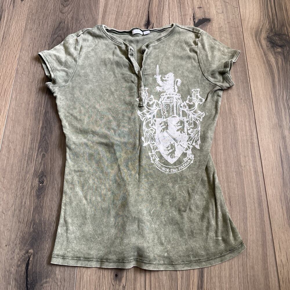 Y2K Apt. 9 T Shirt Size Large Green V Neck Short Sleeve Graphic Print USA Made